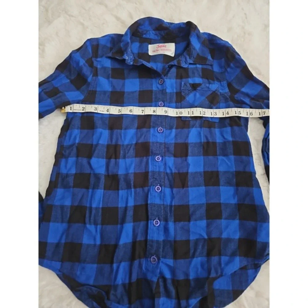 Justice‎ Girls Blue & Black Buffalo Plaid Flannel Button Down Shirt Size 14/16